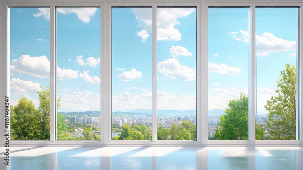 Cityscape View Through Large Windows: Panoramic Sunlight and Green Trees