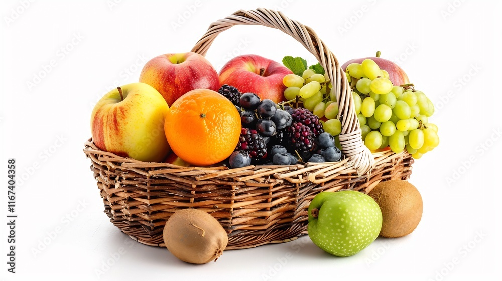 A delightful wicker basket brimming with an assortment of fresh fruits, including apples, oranges, grapes, berries, and kiwis, creating a vibrant and healthy image. A delightful wicker basket brimming with an assortment of fresh fruits, including apples, oranges, grapes, berries, and kiwis, creating a vibrant and healthy image.