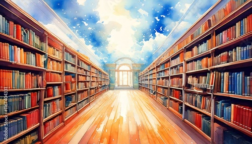 A watercolor library with endless shelves stretching into a dreamy horizon with empty copy space