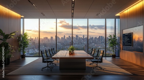 minimalist open-plan office interior, featuring floor-to-ceiling windows overlooking a modern city photo