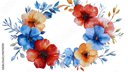 Fototapeta Naklejka Na Ścianę i Meble -  Watercolor floral wreath frame, red blue orange flower illustration, botanical wedding invitation design, red blue watercolor floral wreath illustration, botanical flower frame for wedding invitation