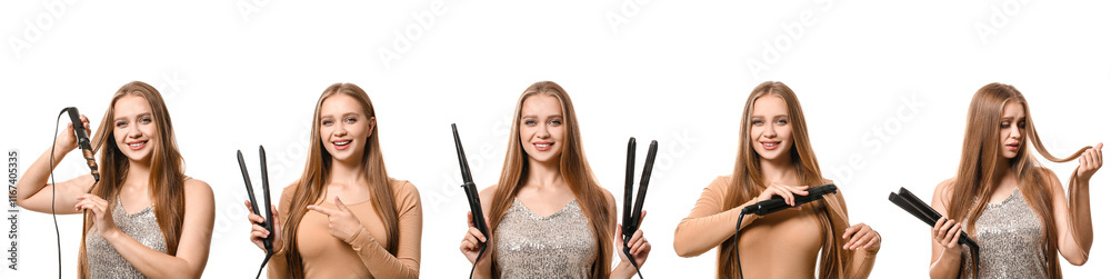 Set of beautiful young woman with curling and flattening iron for hair on white background Set of beautiful young woman with curling and flattening iron for hair on white background