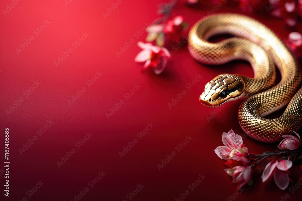 Chinese New Year 2025, A golden snake entwined among delicate flowers rests on a vibrant red background, creating a striking visual contrast. Chinese New Year 2025, A golden snake entwined among delicate flowers rests on a vibrant red background, creating a striking visual contrast.