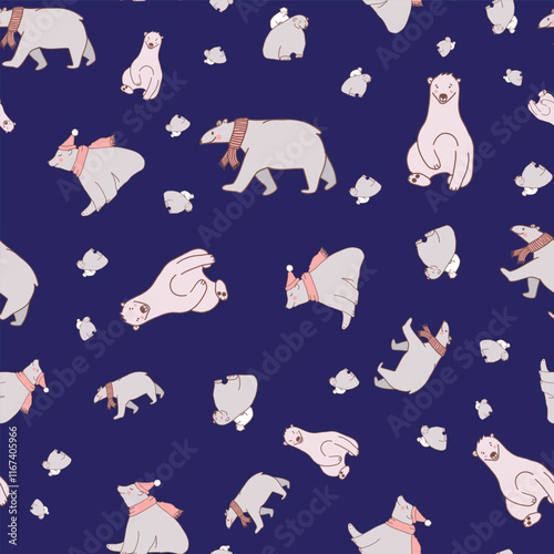 Blue Cute Polar Bear Seamless Pattern. Vector repeat pattern. Great for textiles, and designs for children.