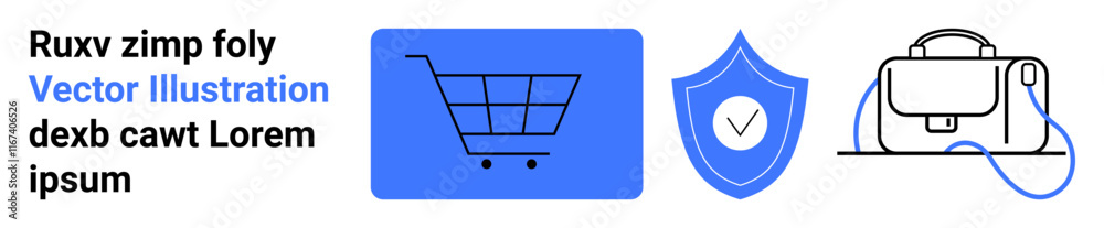 Shopping cart with blue background, security shield with checkmark, handbag. Ideal for e-commerce, online retail, security, shopping apps, websites, digital marketing, landing page Shopping cart with blue background, security shield with checkmark, handbag. Ideal for e-commerce, online retail, security, shopping apps, websites, digital marketing, landing page