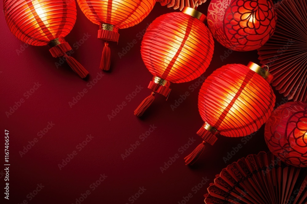 Fototapeta premium Chinese New Year 2025, Vibrant red lanterns illuminate a rich background, creating a festive atmosphere perfect for celebrations and cultural events.