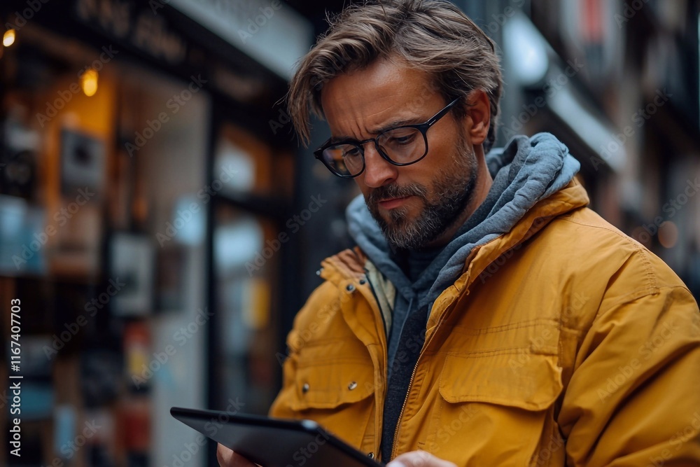 Man checking financial reports on tablet.
Man checking financial reports on tablet.