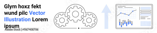 Three interlocking gears, upward arrow, and analytics dashboard with charts. Ideal for business process, data visualization, growth, efficiency, strategy, technology, and development concepts
