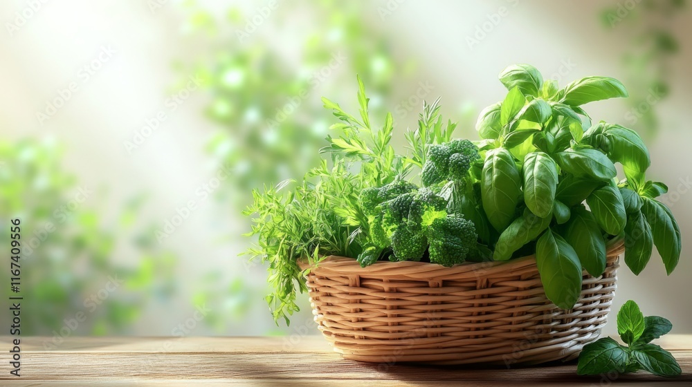 Fototapeta premium Fresh Herbs in a Wooden Basket on a Light Table