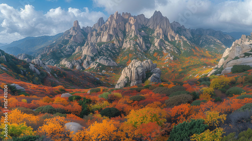 Majestic Mountain Range with Vibrant Autumn Foliage.. photo