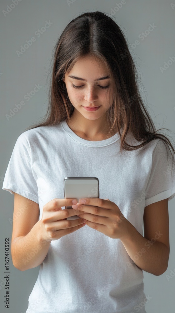 Young woman using smartphone while standing indoors in sunlight, focused and engaged with mobile content Young woman using smartphone while standing indoors in sunlight, focused and engaged with mobile content