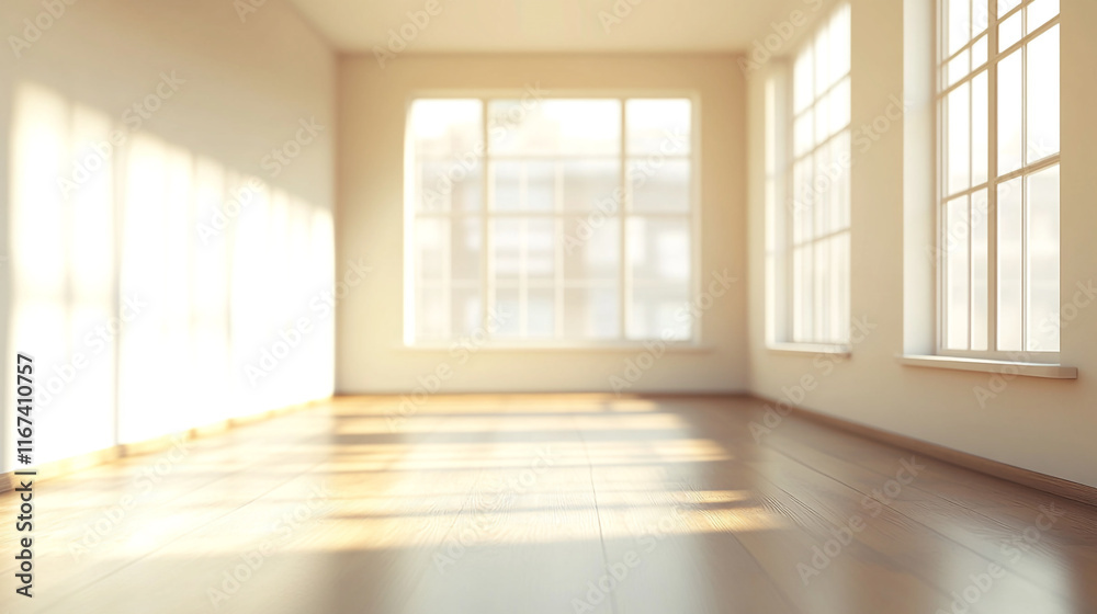 Obraz premium Bright and spacious empty room with large windows and wooden flooring