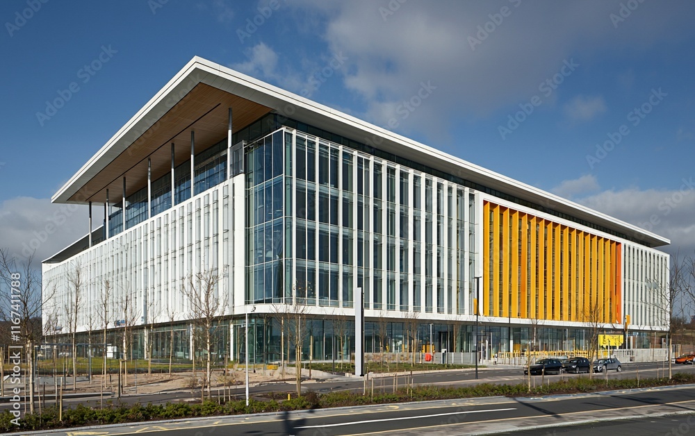 Modern glass office building with orange and white facade. Modern glass office building with orange and white facade.