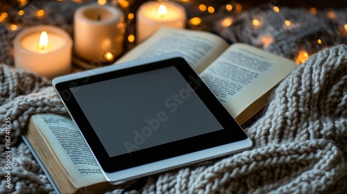 Cozy Reading Nook: A comfortable spot with a tablet and books on a warm knit blanket, bathed in soft candlelight. Ideal for relaxation, literature, or education. photo