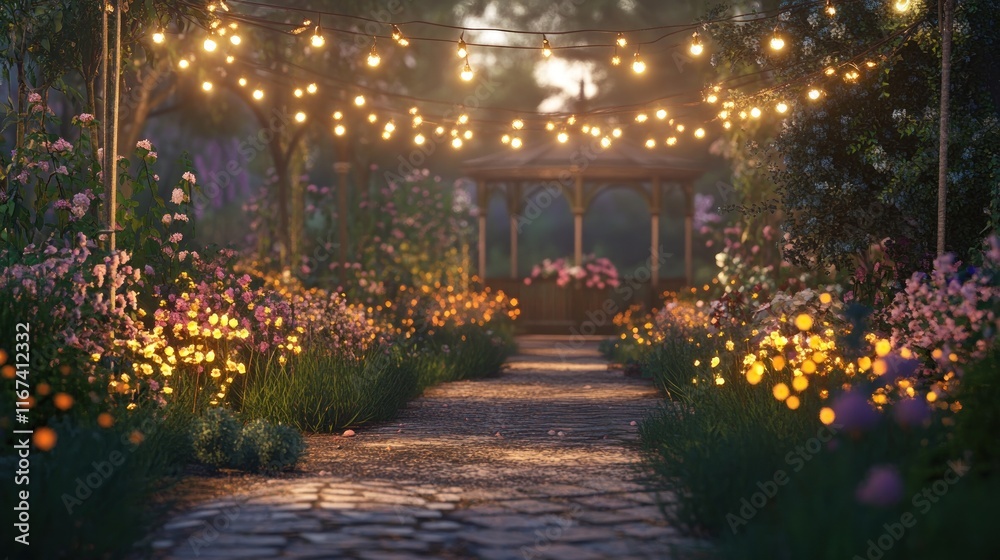 Obraz premium Serene garden path illuminated by string lights