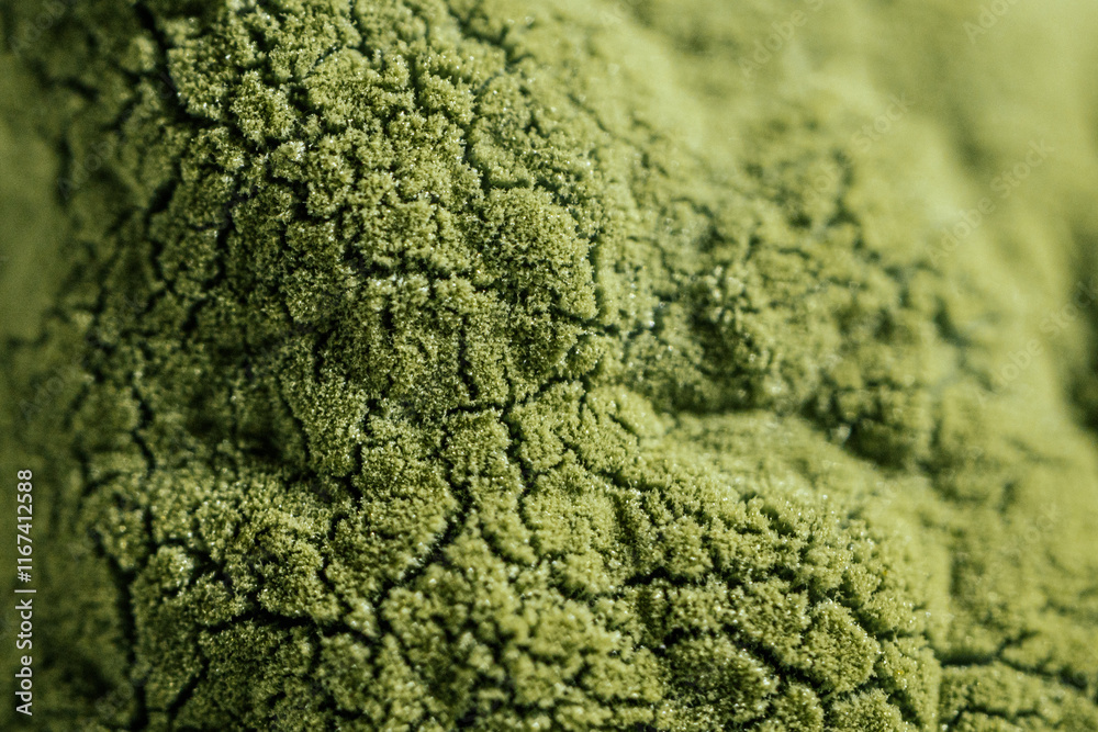 Obraz premium Detailed macro image of green mold spreading across a surface, showcasing the textured structure of fungal growth. Suitable for biology or environmental studies.