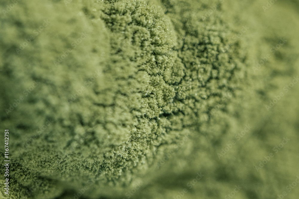 Obraz premium Detailed macro image of green mold spreading across a surface, showcasing the textured structure of fungal growth. Suitable for biology or environmental studies.