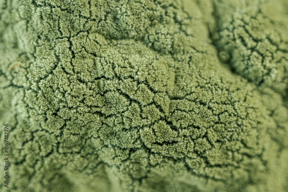 Obraz premium Detailed macro image of green mold spreading across a surface, showcasing the textured structure of fungal growth. Suitable for biology or environmental studies.