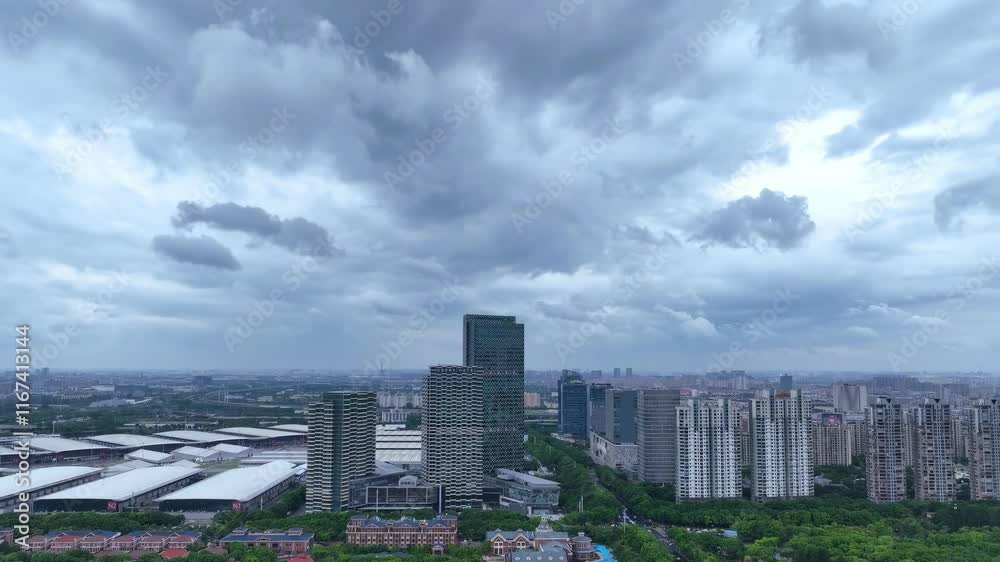 Urban skyline under cloudy skies over a bustling cityscape depicting modern architecture and green spaces Urban skyline under cloudy skies over a bustling cityscape depicting modern architecture and green spaces