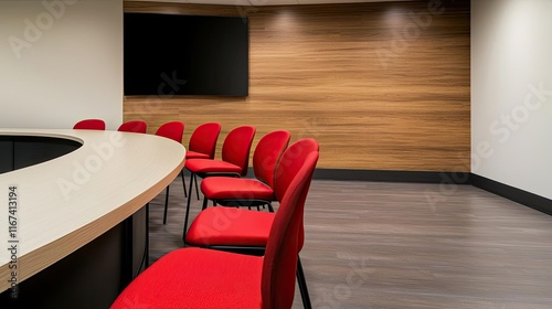 Modern conference room featuring a curved table and red ergonomic chairs arranged for an important meeting with wooden paneling.