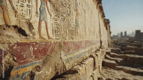 Ancient egyptian temple wall with hieroglyphics in sunlight photo