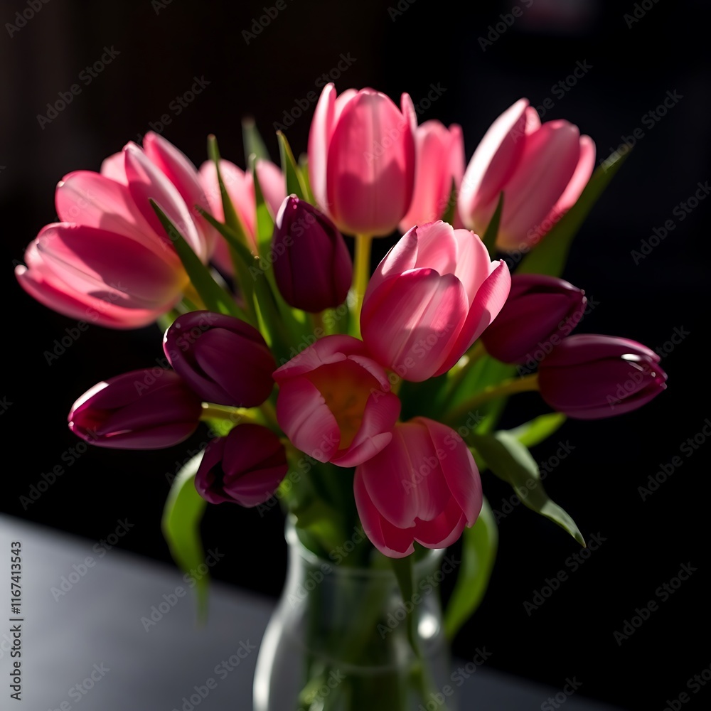 Obraz premium a bouquet of pink and purple tulips in a blue vase