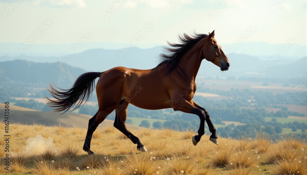 Obraz premium Single Horse Galloping Hilltop View