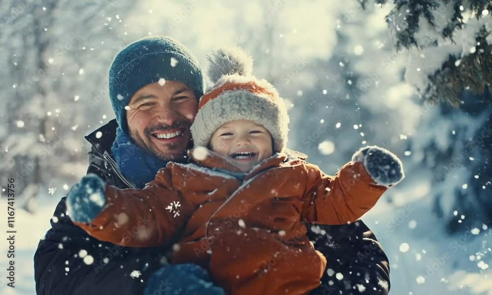 Father and child enjoying a snowy day outdoors with warm clothing and joyful smiles