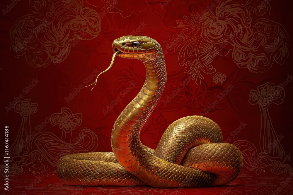 Fototapeta premium Chinese New Year 2025, A majestic golden snake poised against a rich red background, exuding elegance and power with its striking form and flicking tongue.
