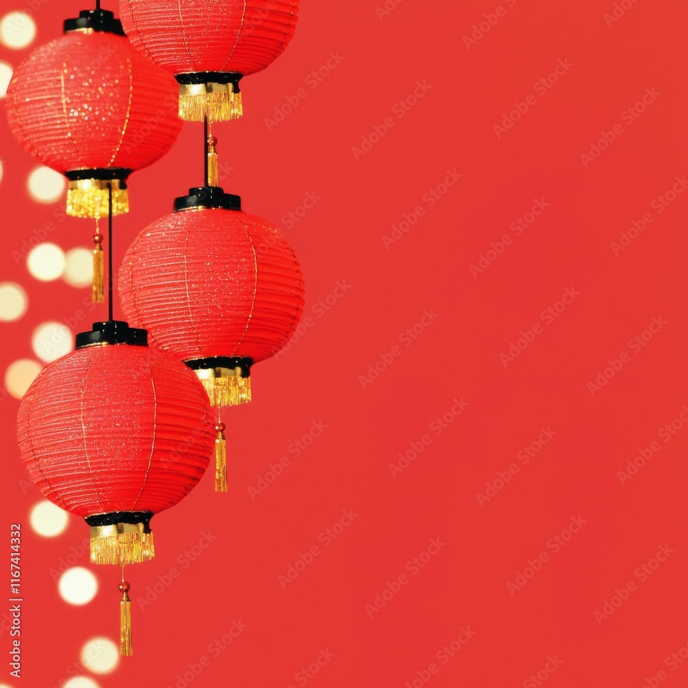Obraz premium Chinese New Year 2025, Bright red lanterns hang against a vibrant red background, evoking a festive atmosphere perfect for celebrations or cultural events.