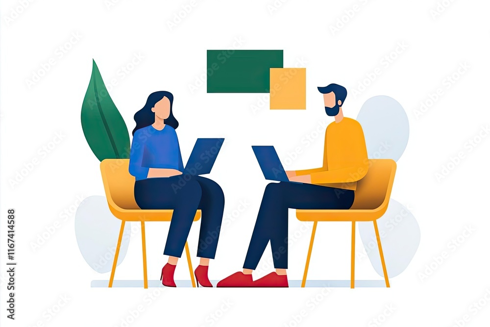 Two individuals engaged in a collaborative discussion while working on laptops, surrounded by a modern, minimalist workspace. Two individuals engaged in a collaborative discussion while working on laptops, surrounded by a modern, minimalist workspace.