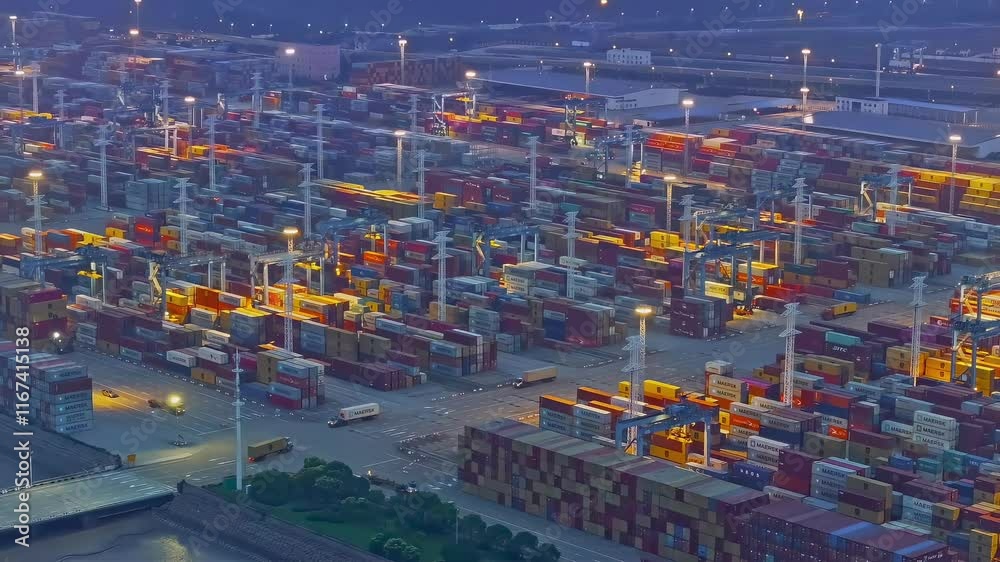 Heavy machinery operates at night in busy port during loading and unloading at container terminal