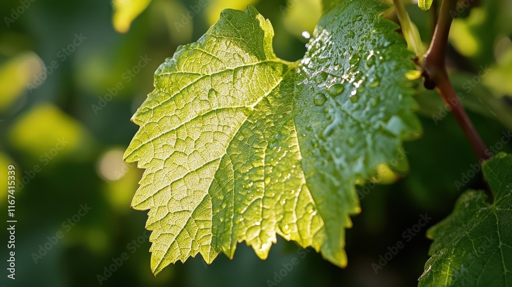 Close-up of Vibrant Green Grape Leaf with Fresh Dew Droplets in Soft Morning Light Close-up of Vibrant Green Grape Leaf with Fresh Dew Droplets in Soft Morning Light