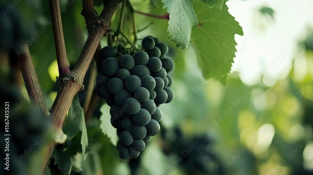 Fototapeta premium Ripe Dark Grapes Hanging On Vine Lush Green Leaves