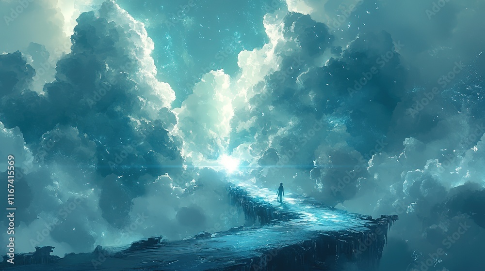 Fototapeta premium Solitary figure walks on ethereal pathway amidst majestic clouds and celestial light