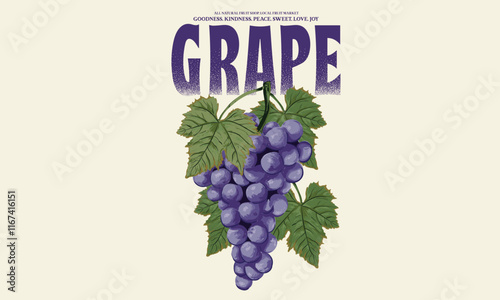 Grape fruit artwork. Fresh grapes fruit print. Nature watercolor design. Fresh food artwork for for t shirt. Always organic. Summer food poster design.