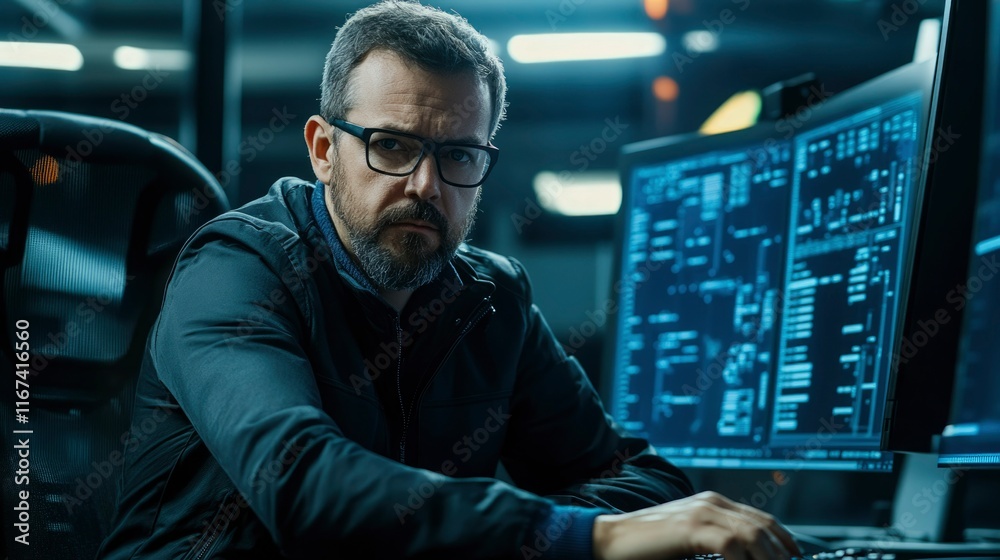 Serious Man Working Late On Computer Programming Serious Man Working Late On Computer Programming