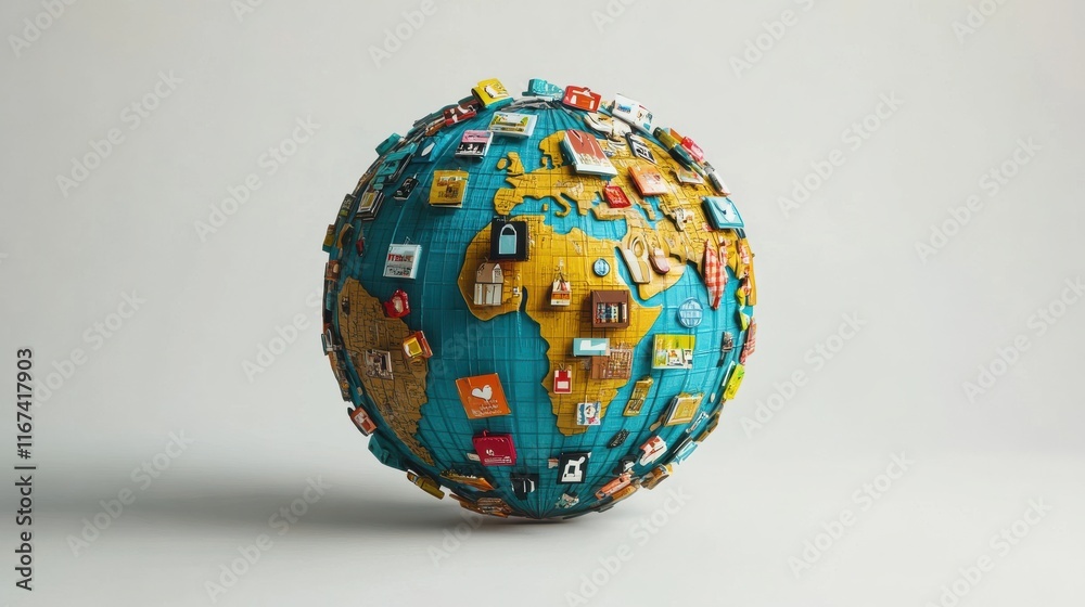 Colorful 3D Model of Earth with Various Lifestyle Icons Displayed Colorful 3D Model of Earth with Various Lifestyle Icons Displayed