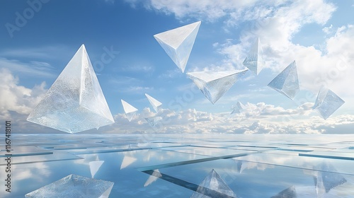 Crystal Pyramids Floating Above a Blue Sky and Ice Plains