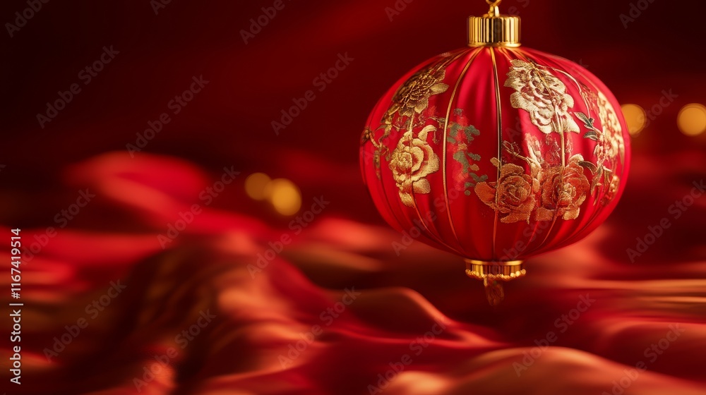A vibrant red lantern with gold detailing, resting on flowing red fabric, symbolizing celebration and tradition. A vibrant red lantern with gold detailing, resting on flowing red fabric, symbolizing celebration and tradition.
