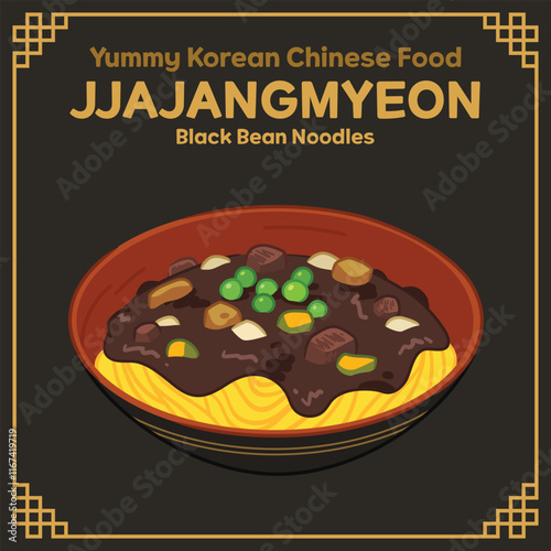Yummy Korean style Chinese Food illustration vector, Jjajangmyeon, Black Bean Noodles