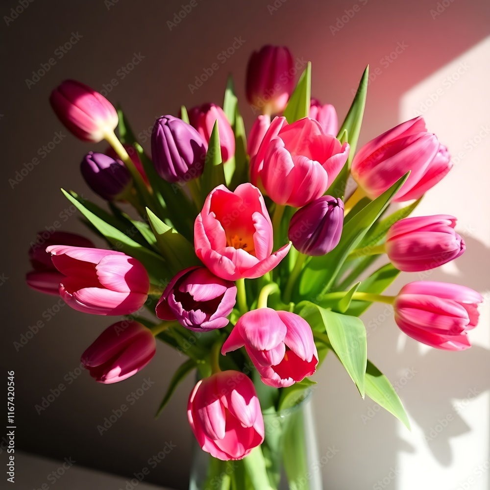 Obraz premium a bouquet of pink and purple tulips in a blue vase