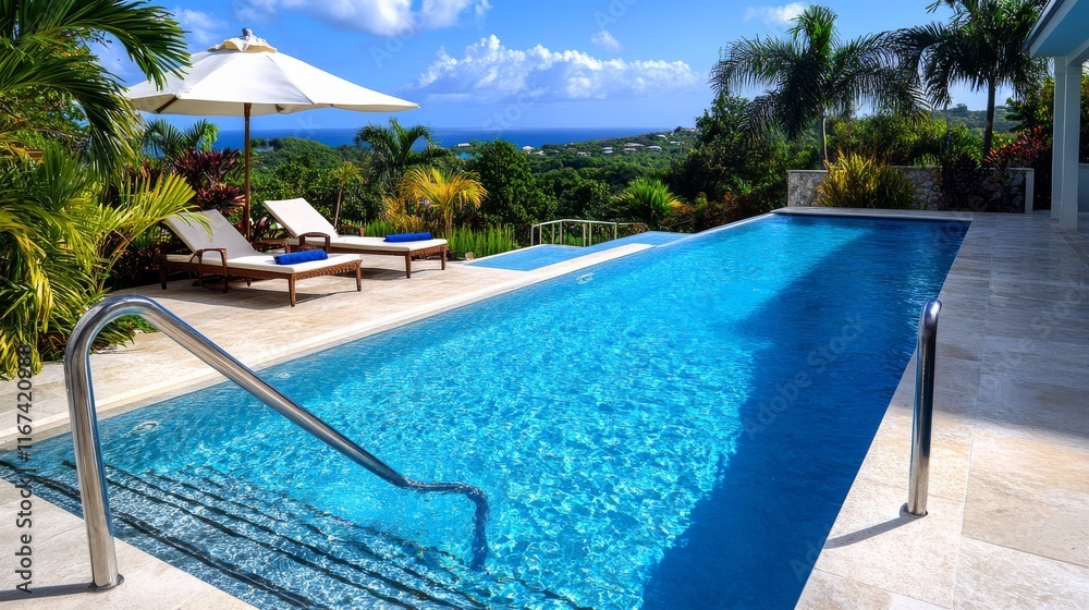 Clear blue water in a modern pool with palm trees. A serene pool surrounded by lush tropical beauty Clear blue water in a modern pool with palm trees. A serene pool surrounded by lush tropical beauty