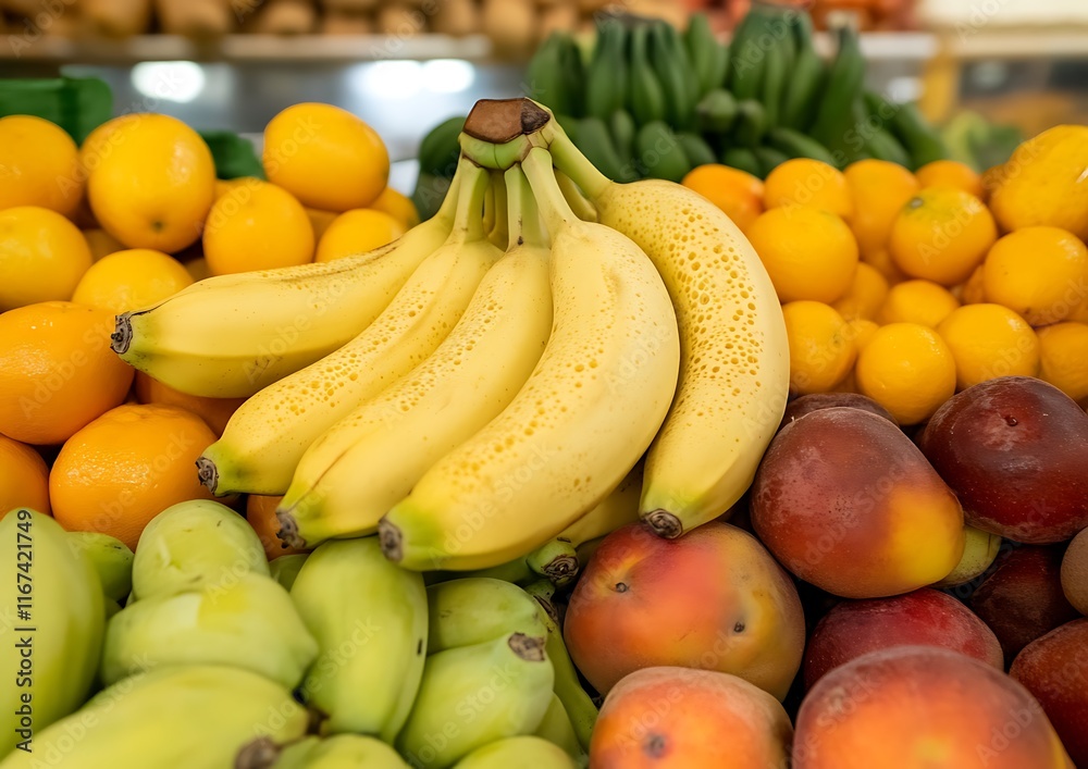 Close-up of fresh fruit, bananas, peaches, and oranges. Close-up of fresh fruit, bananas, peaches, and oranges.