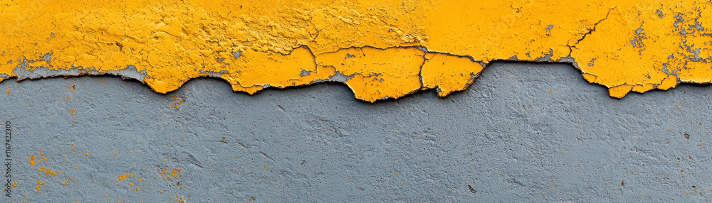 Obraz premium Abstract texture of yellow and gray wall with peeling paint, creating a unique design.