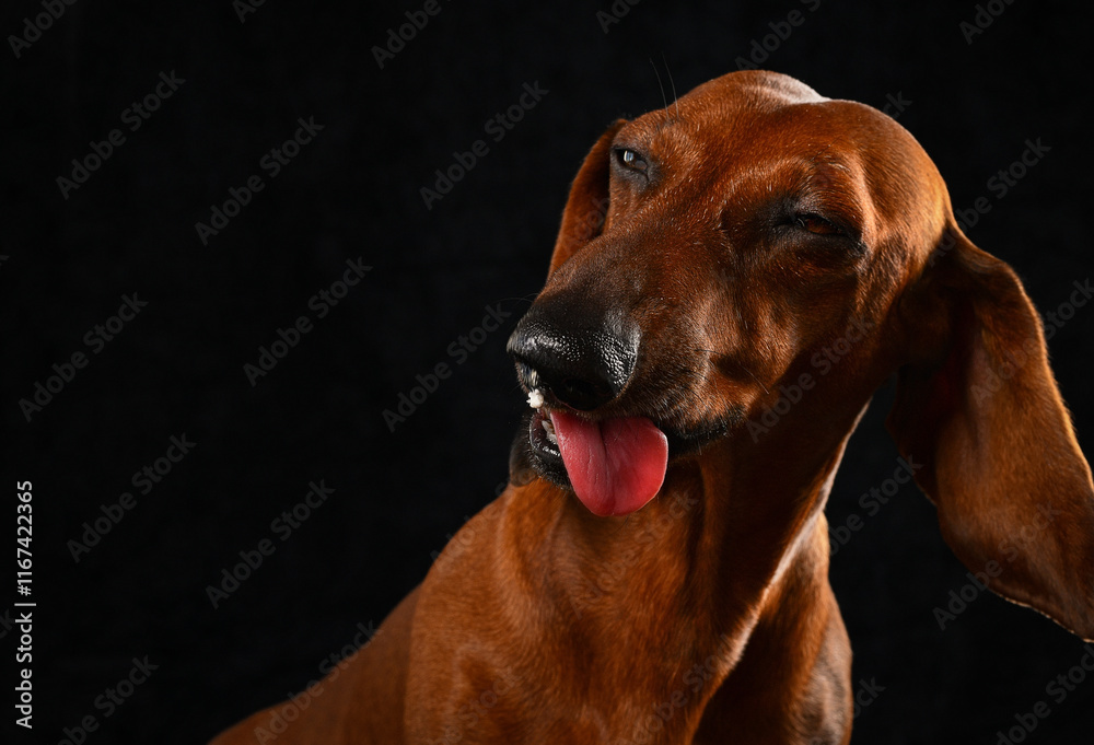 Portrait of funny dachshund dog on black background