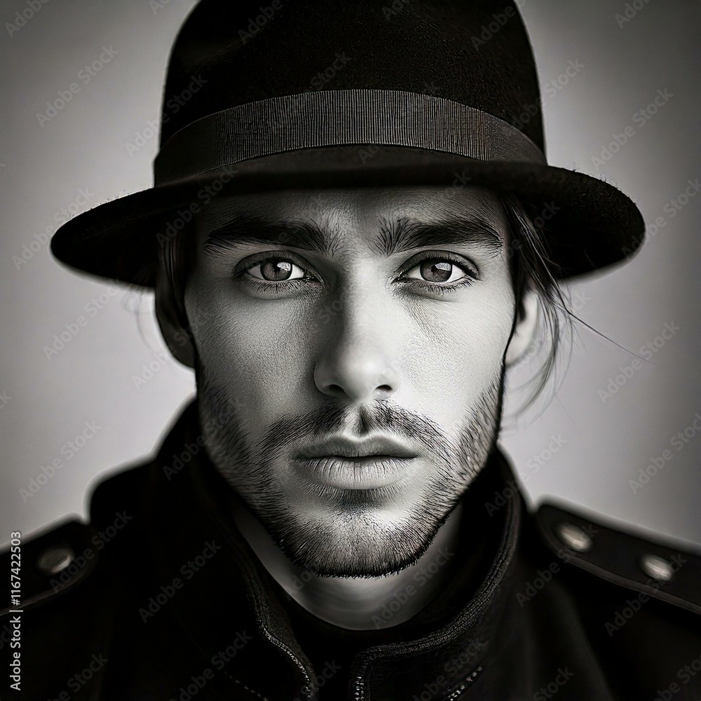 black and white portrait of a man with hat black and white portrait of a man with hat