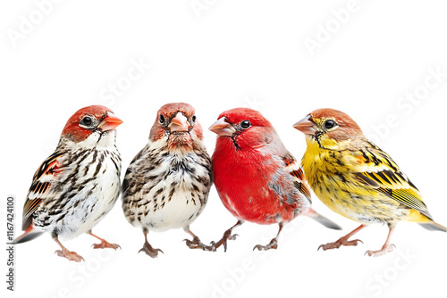 Four colorful birds standing together, showcasing their distinct plumage. photo