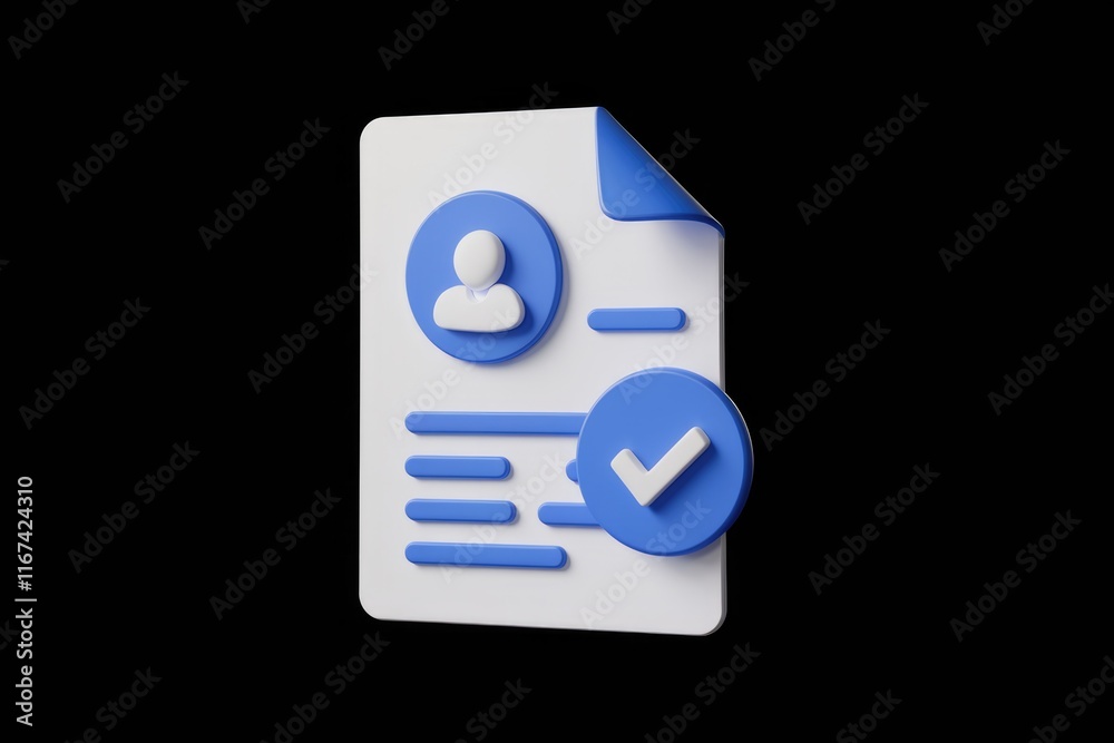 3D rendering of a document with a profile picture and a checkmark, signifying successful profile completion. 3D rendering of a document with a profile picture and a checkmark, signifying successful profile completion.