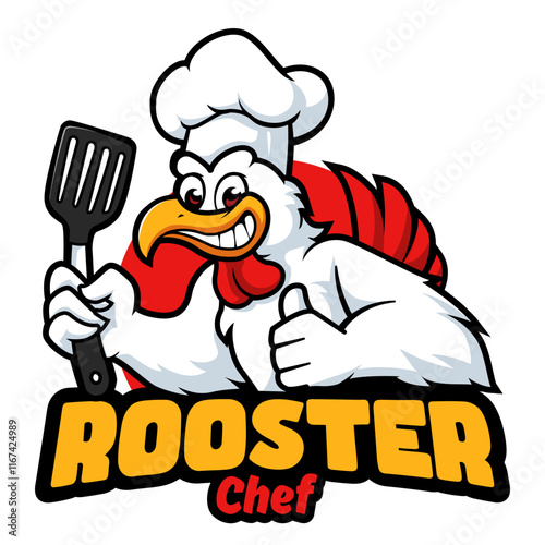 chicken chef mascot logo carrying a spatula